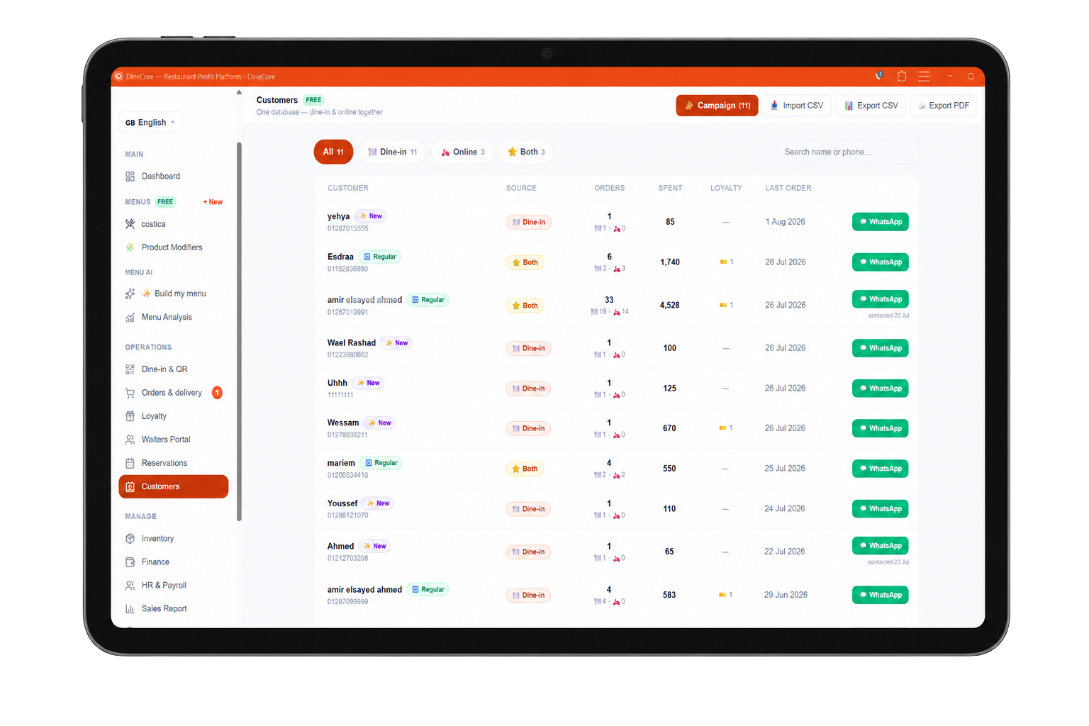 The DineCore Customers tab showing dine-in and online guests together, with a WhatsApp message button next to every customer