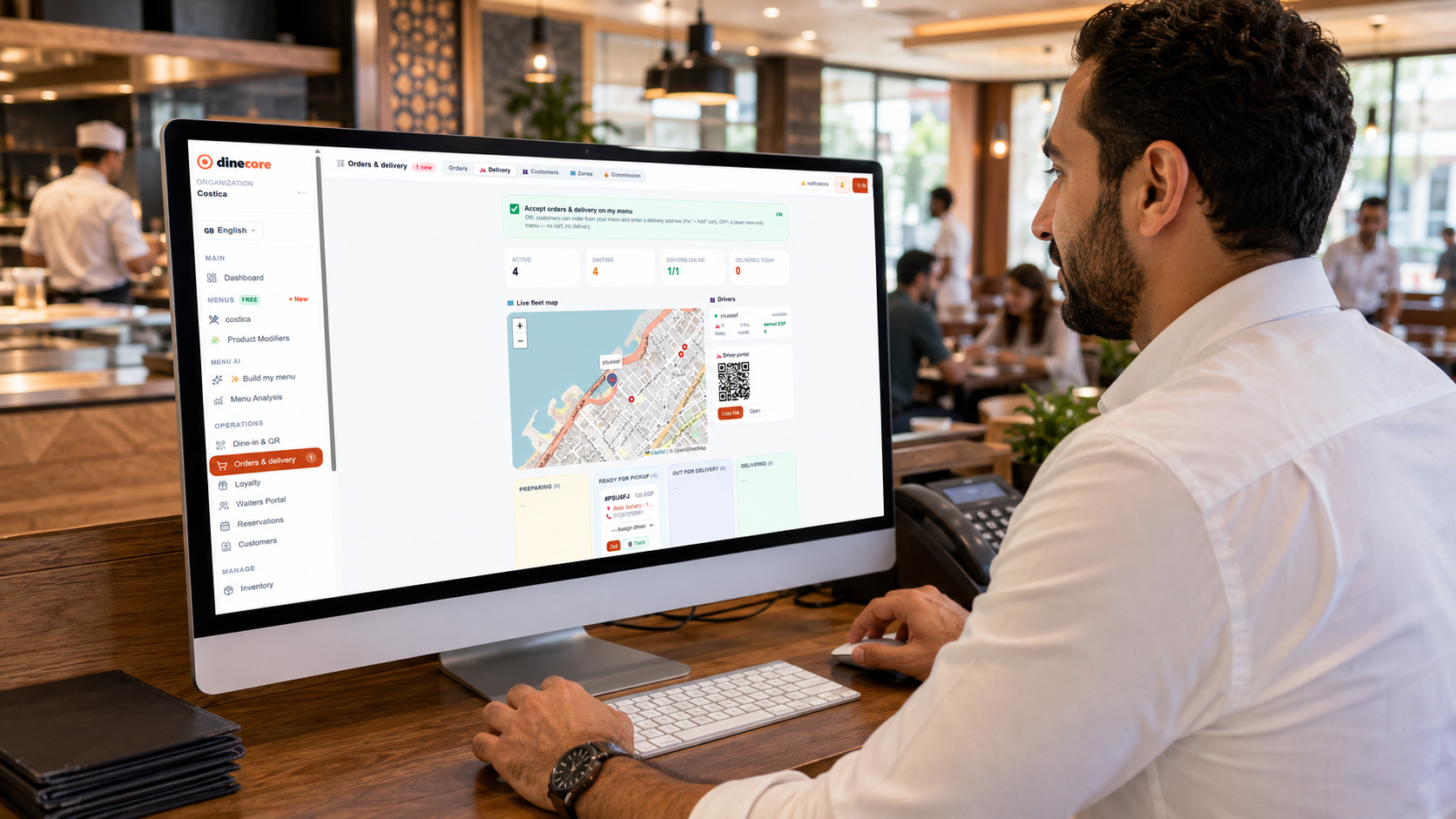 An owner tracks live delivery drivers on a fleet map from the DineCore orders & delivery dashboard