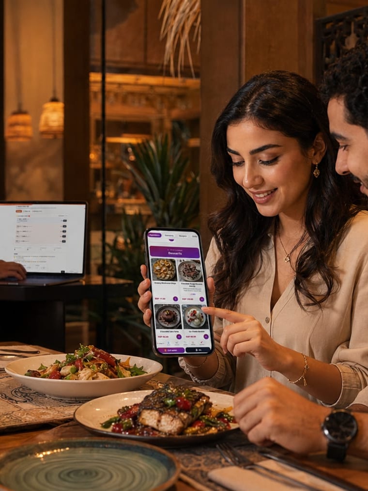 A guest browses the DineCore digital menu and orders dessert from her phone at the table