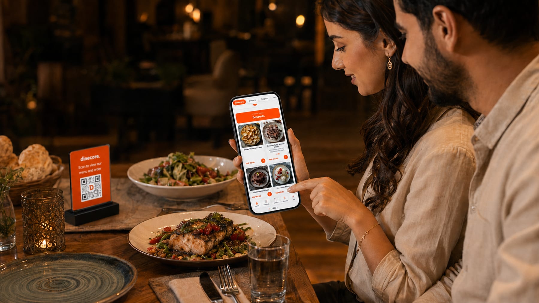 A guest scans the DineCore table QR and orders dessert straight from their phone
